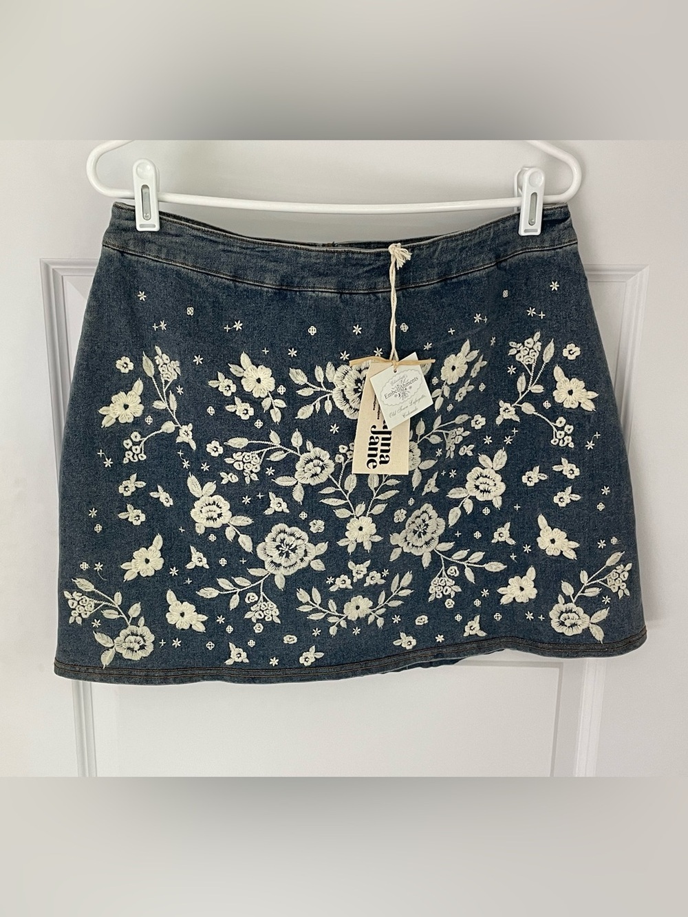 Savanna Jane Floral Embroidered Denim Lg Skirt Boho Cottagecore Whimsy Y2K Style